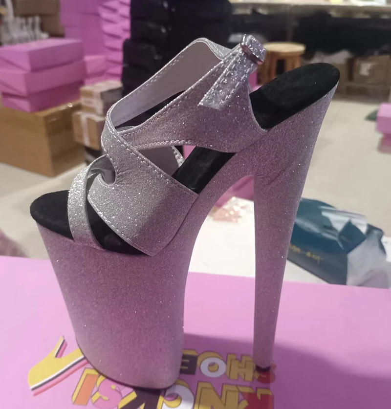 LAIJIANJINXIA New 9 inch High Heel Sandals Cross Sequined Shoes Fashion 23Cm Thin Heels Shoes Sexy Model Pole Dancing Shoes