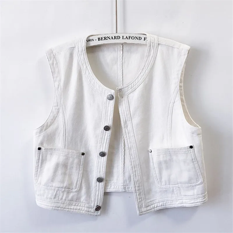 Black Blue White Denim Vest Women Waistcoat Slim Short Cowboy Sleeveless Jacket Coat Korean O Neck Pocket Jeans Vests Female