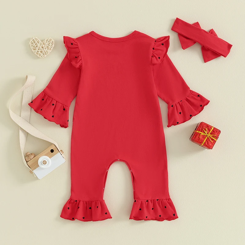 

Infant Girls Jumpsuits Valentine s Day Outfits Love Message Print Round Neck Bell Sleeve Baby s with Hair Accessory