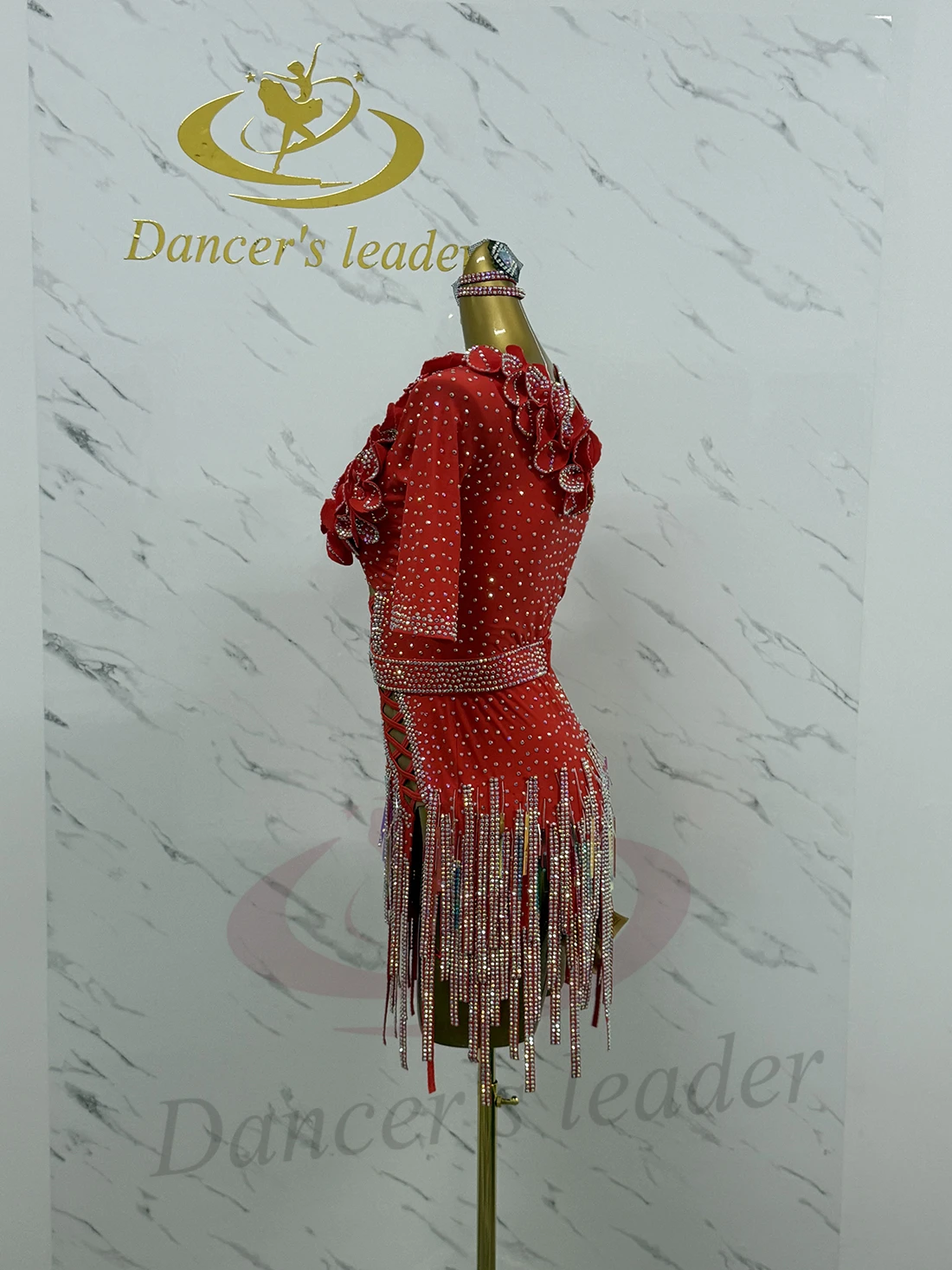 Vestido de dança latina adulto e infantil ab pedra high-end personalizado vermelho diamante listra flor vestido cha cha tango roupas femininas