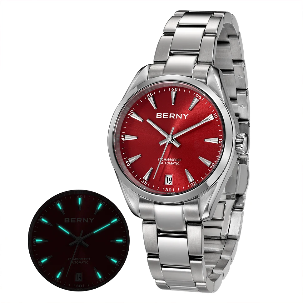 BERNY Women Watch Automatic Mechanical Full Stainless Steel Sapphire Elegant Women's Swim Watches Calendar 20ATM Wristwatch