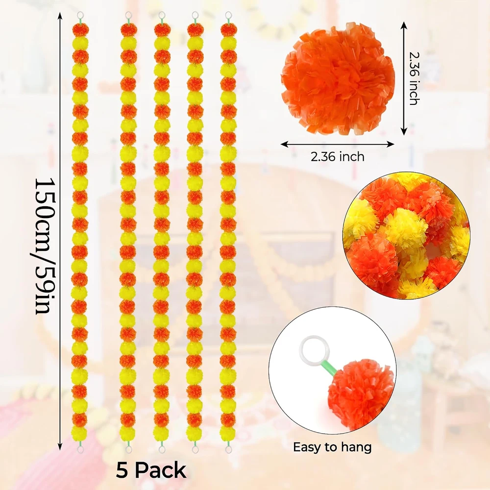 5 Stück Künstliche Ringelblumen-Girlande 150cm Hängende Blumengirlande für Hochzeits- und Partydekoration, Diwali-Heimdekoration, Künstliche Girlanden – Detail 2