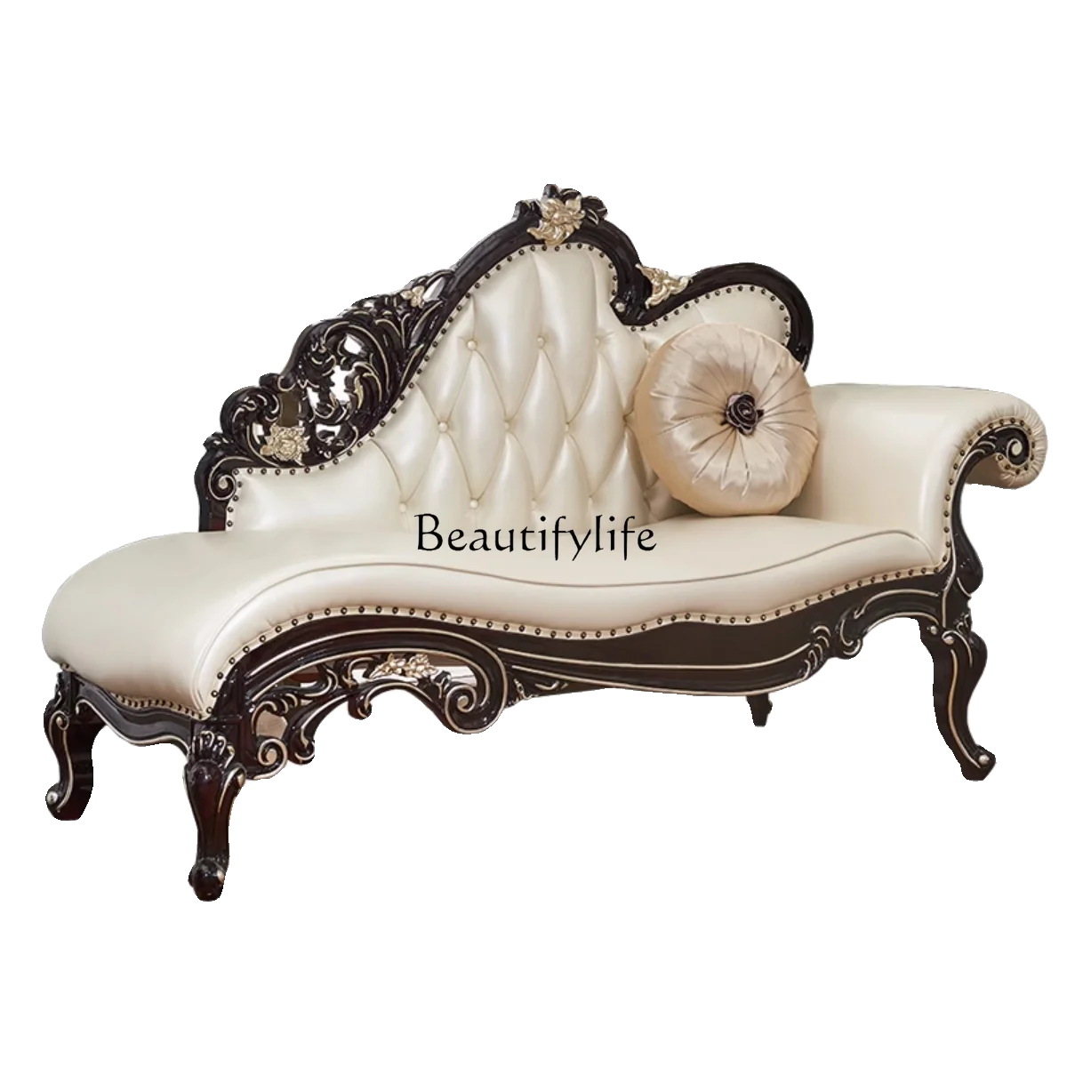 

European-style chaise longue leather beauty couch solid wood living room single sofa bed balcony lazy recliner