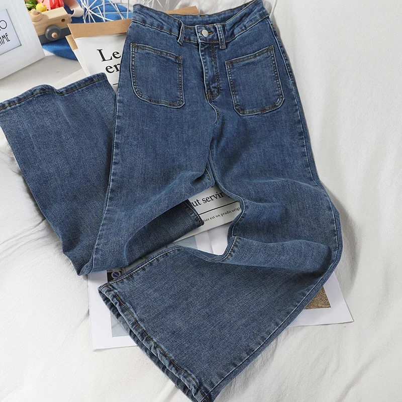 

Spring New Retro High Waist Western Style All-match Pocket Jeans Women's Wide Leg Pants Straight Pants Trendy