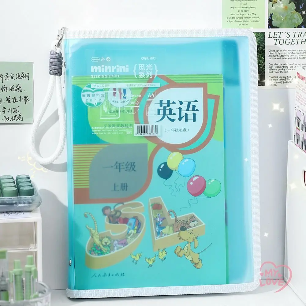 Portable Transparent A4 Zipper File Bag with Lanyard Large Capacity File Folder Bags Storage Bag Office School Supplies