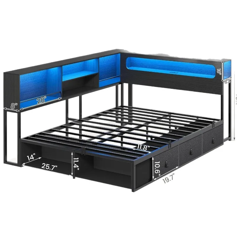 Modern simple wind steel wood bed frame with storage bookshelf light with power strip