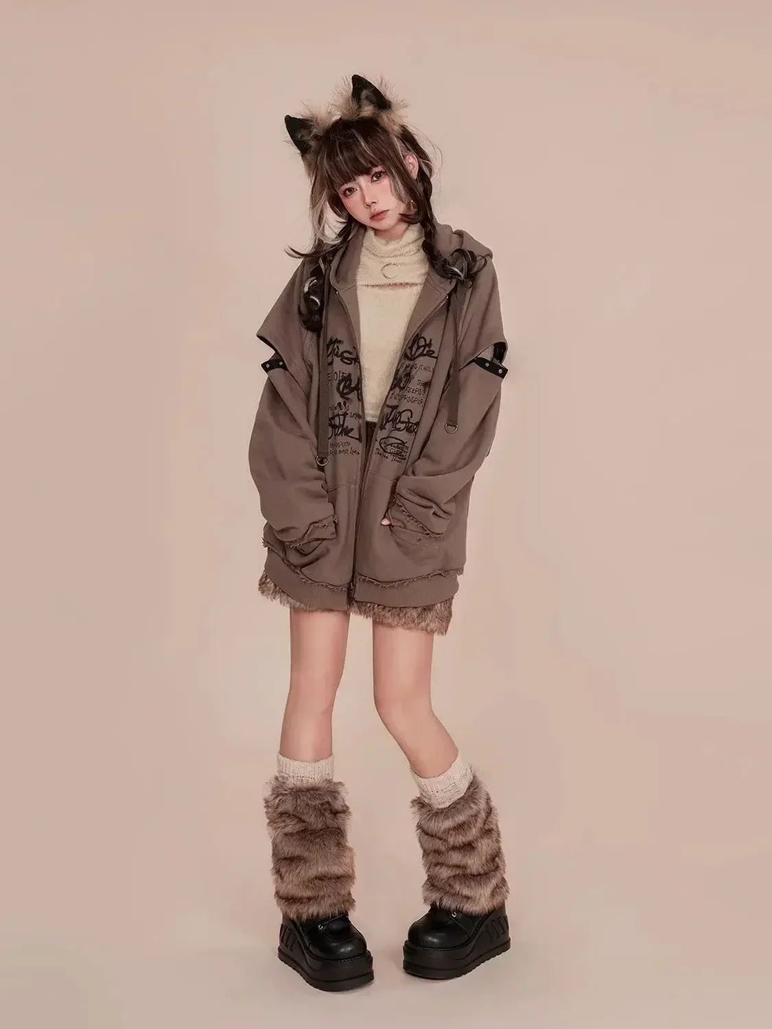Punk Gothic Girls Cat Ears Hooded Plush Sweater Women Autumn Winter Graffiti Printed Loose Fleece Coat Hoodie Sweatshirt Jacket