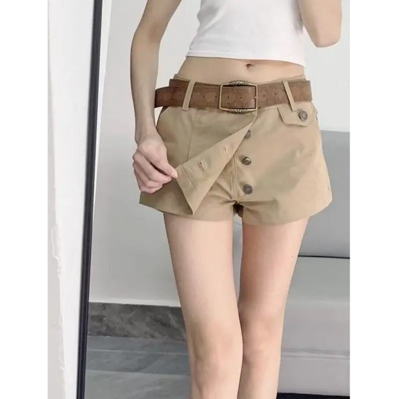 Retro Khaki Irregular Cargo Shorts Skirt Women 2026 Summer New Button Casual Low-rise Slim Culottes Mini Skirt