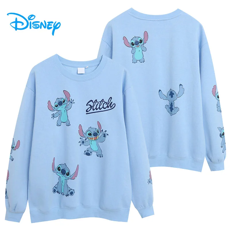 Disney Stitch Embroidery Front Back Print Sweatshirt Women Casual Fleece Pullover Tops O Neck Long Sleeve Female Cartoon Jumper