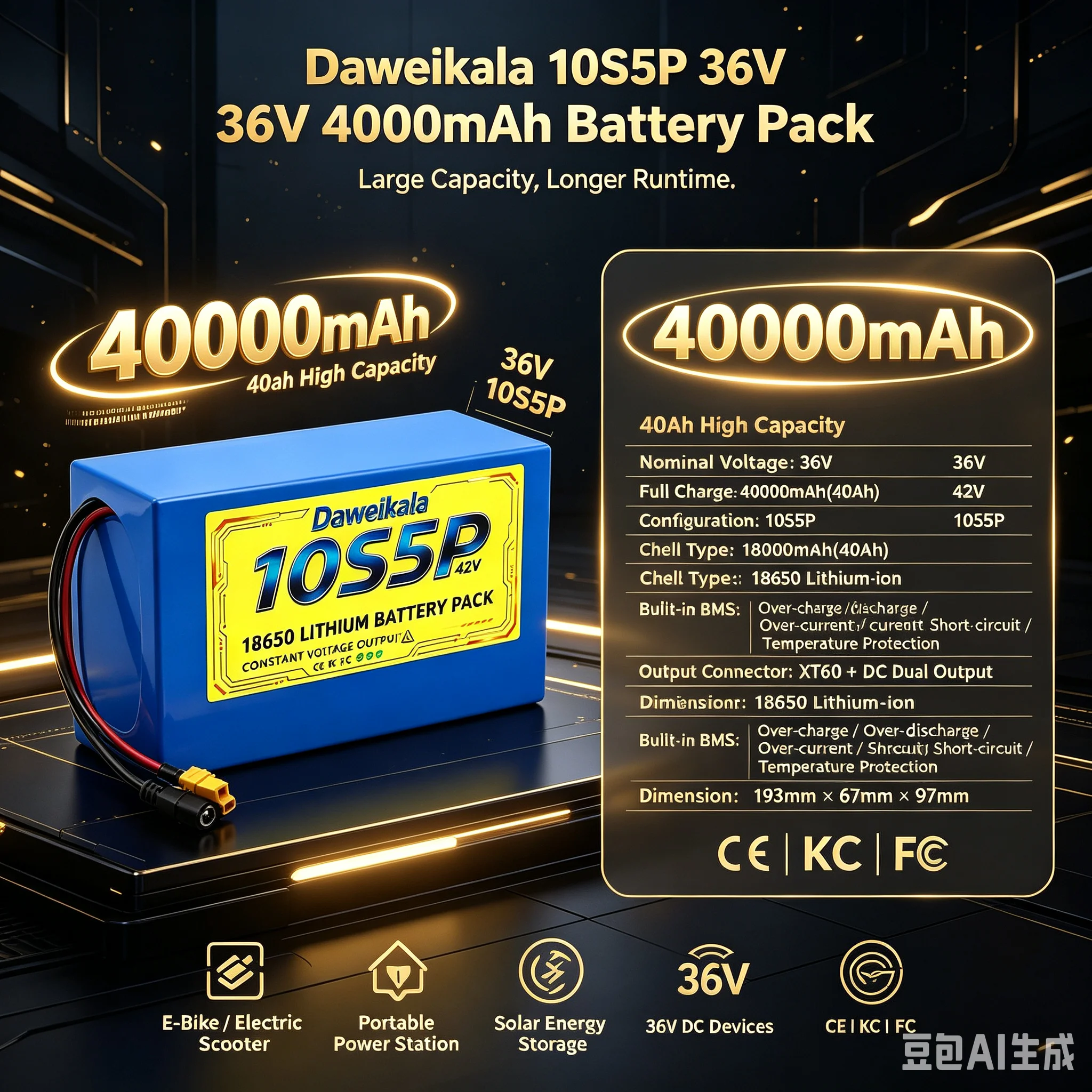 Daweikala 10S5P 36V 40000mAh 18650 Lithium-Ionen-Akku, eingebauter BMS-Sicherheitsschutz, XT60&DC Dual-Ausgang, wiederaufladbarer Akku für E-Bike, Elektroroller & tragbare Powerstation