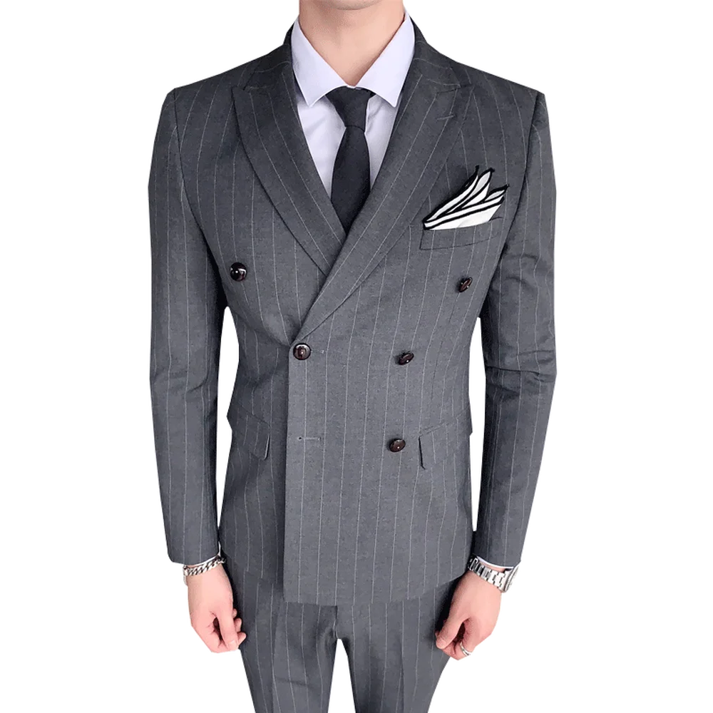 Stripe Men Suit Coat Set Male Double Breasted Slim Fit Business  Formal Wedding Grooms 3 Pieces Set Blazers Jacket Pants Vest