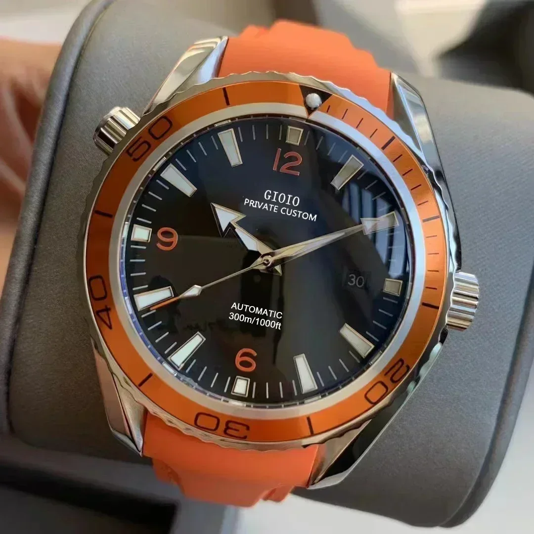 Luxury New Automatic Watch for Men Mechanical Watches Stainless Steel Orange Ceramic Bezel Black Blue Rubber Strap 007 with Date