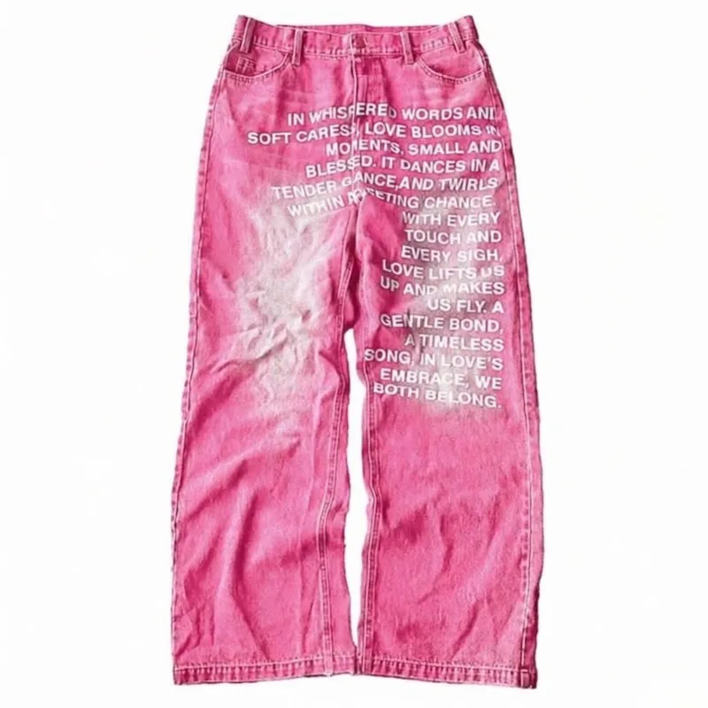 Calças Jeans de Perna Larga em Denim Lavado Rosa Choque Y2K para Mulheres e Homens, Calças Baggy com Estampa de Letras, Calças Casuais Soltas Oversize