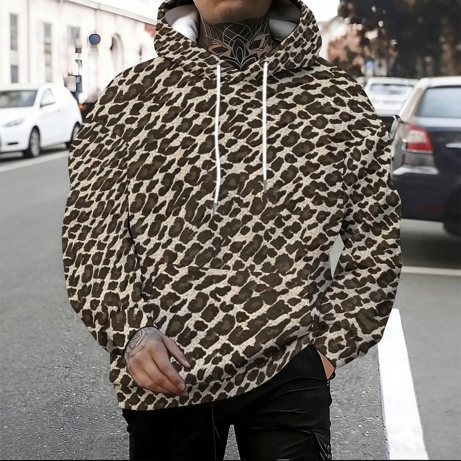 Sudadera con capucha para hombre con estampado, bloques de color rojo, negro y gris, con cordón, estilo urbano holgado