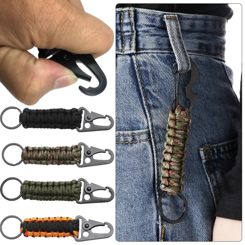 Chaveiro paracord ao ar livre com mosquetão militar trançado cordão gancho clipe para chaves acampamento caminhadas mochila faca lanterna