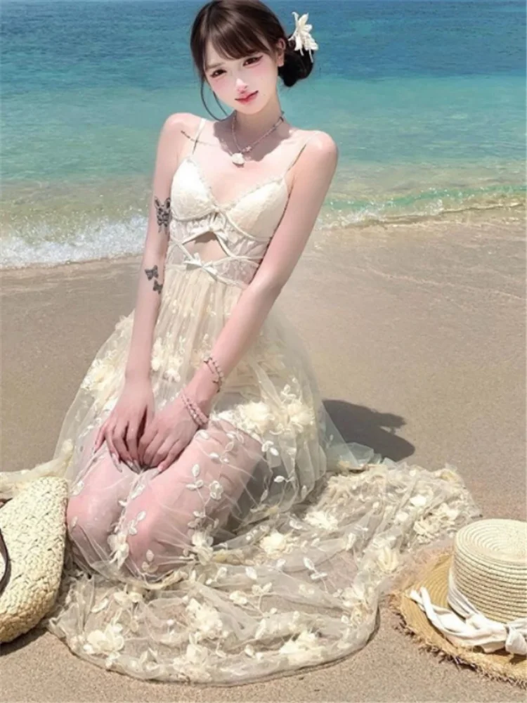 Abito lungo sexy con scollo a V scavato, per le vacanze estive, con spalline in pizzo, abito lungo con ricamo floreale, spiaggia, fata al mare, abito con bretelle a linea
