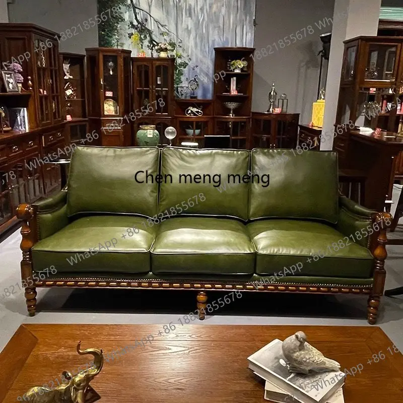 

Американский диван из массива дерева, винтажный кожаный трехместный диван для гостиной, кресло для гостиной.