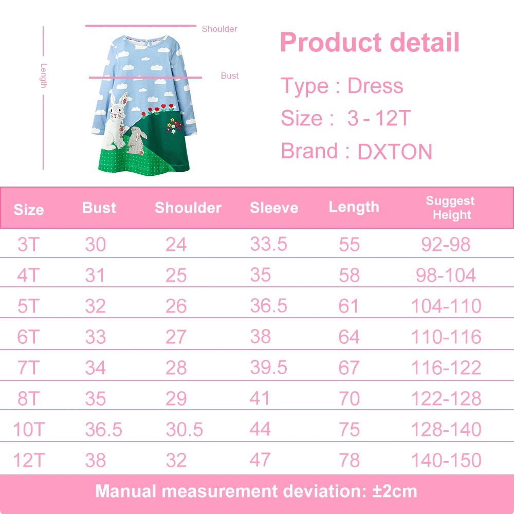 DXTON Long Sleeve Children Dresses For Girls Winter Kids Clothing Toddler Casual Dresses Rabbit Applique Girls Cartoon Vestidos