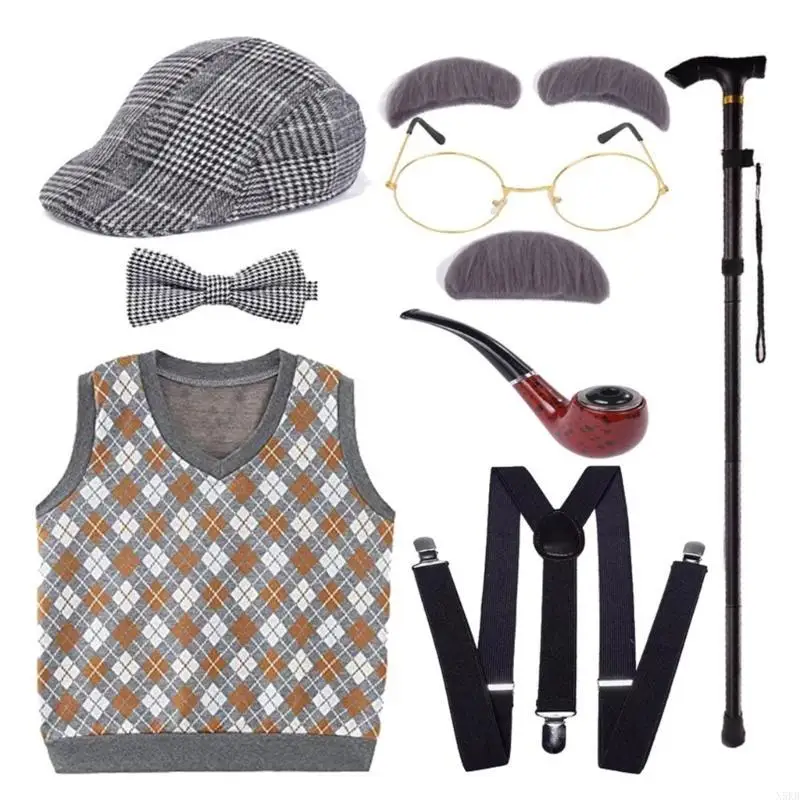 N5KB Kids 100 dagen schoolkostuumset Halloween Old Man Kostuum Hat Opa Vest Set Old Person Cless Up Outfit voor jongen