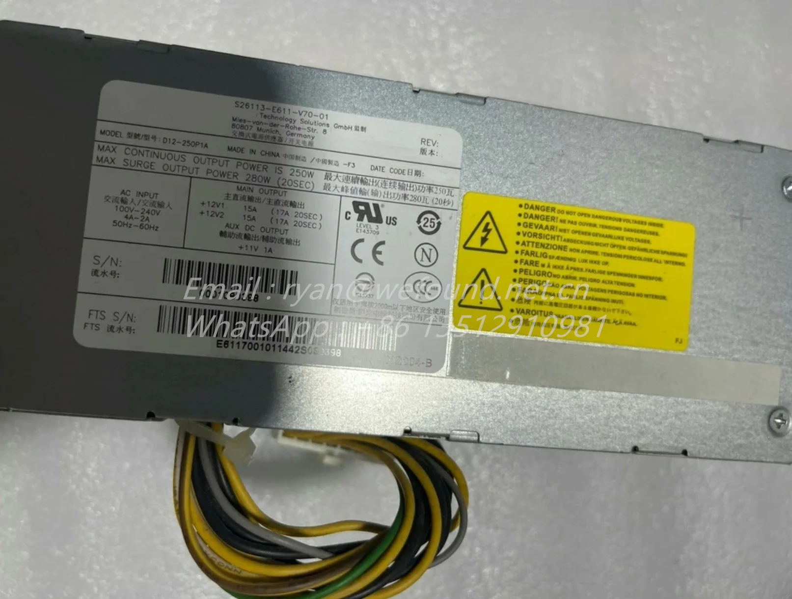 S26113-E611-V70-01  D12-250P1A  for Fujitsu ESPRIMO P420 E85 Desktop PC Power Supply 16PIN