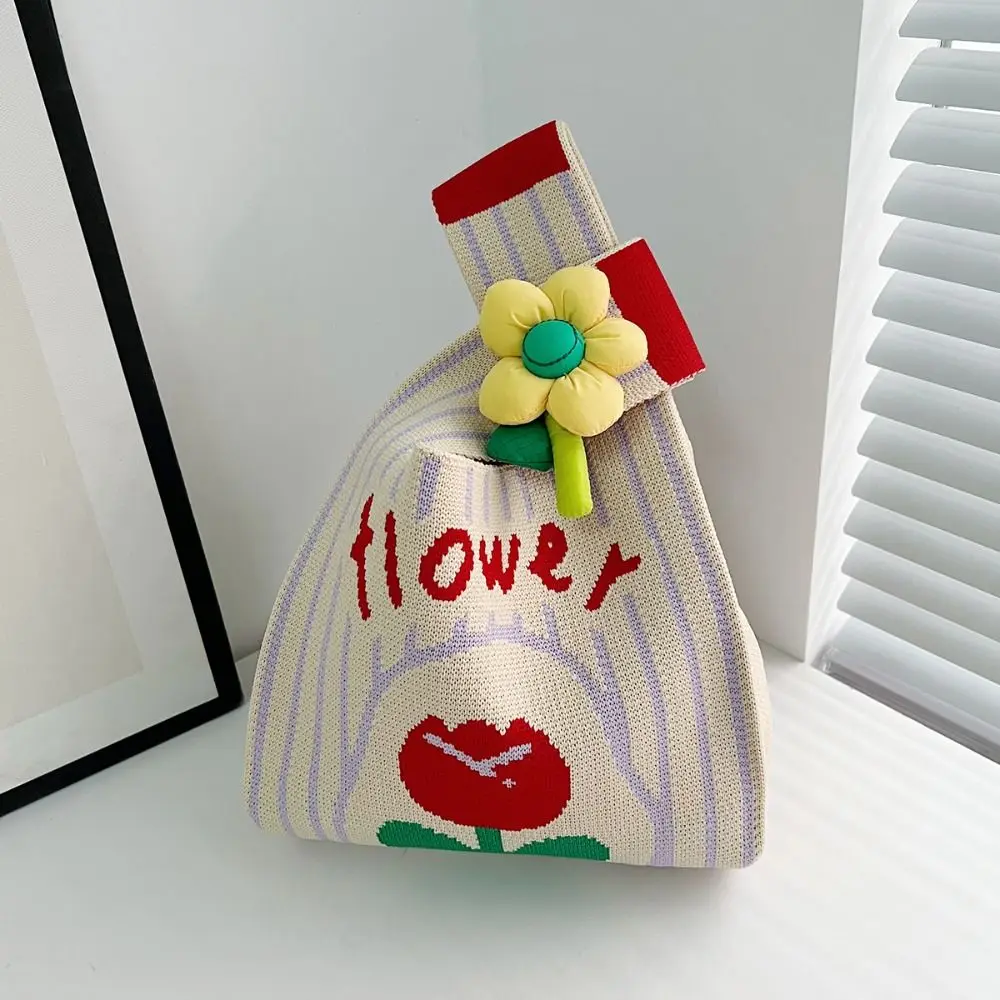 Bonito bolso de muñeca con nudo de flores, bolsa de lana tejida impresa, bolsa de regalo para Festival, bolsas de compras