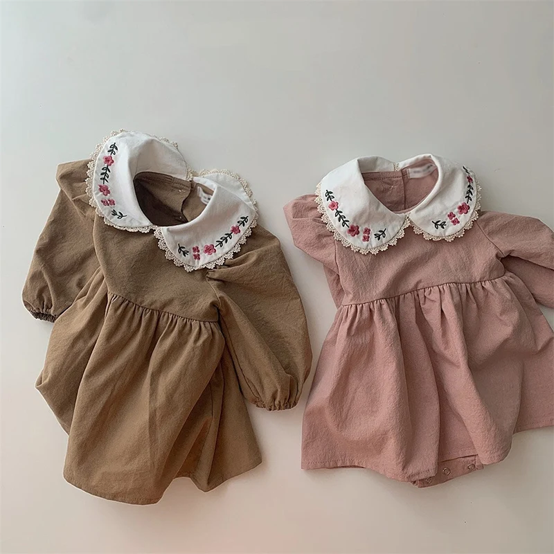 

2024 New Autumn Newborn Baby Girls Bodysuits Long Sleeved Floral Embroidery Infant Baby Girls Jumpsuit Children Clothes