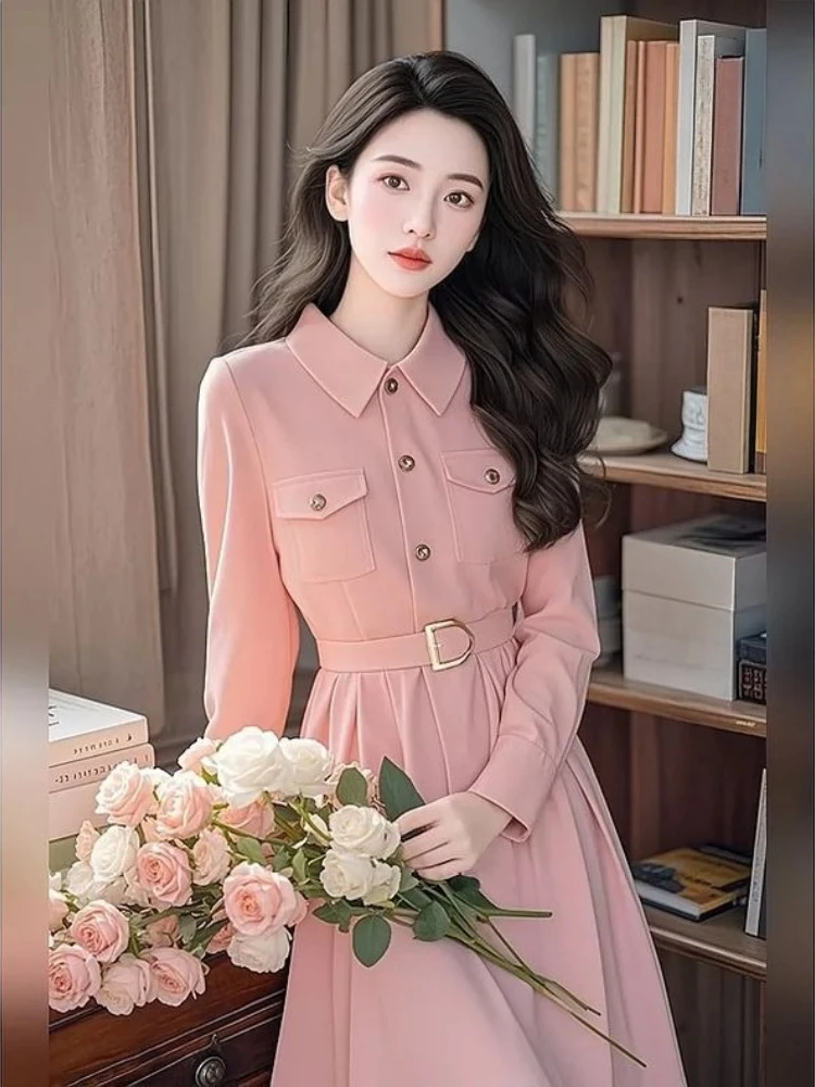Women Formal Pink Long Sleeve Dress 2026 Early Fall French Tweed Style Refined