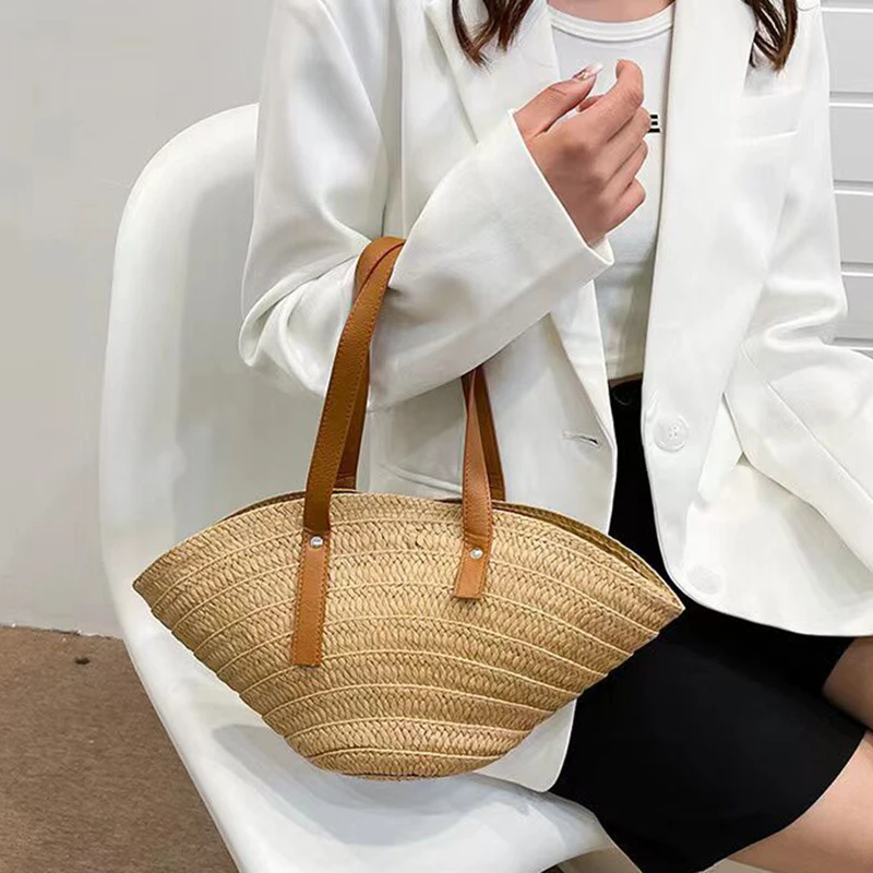 Summer Large Capacity Bag Women\'s New Style Small Woven Women\'s Bag Fashion Shoulder Bag Vegetable Basket Versatile Straw Woven