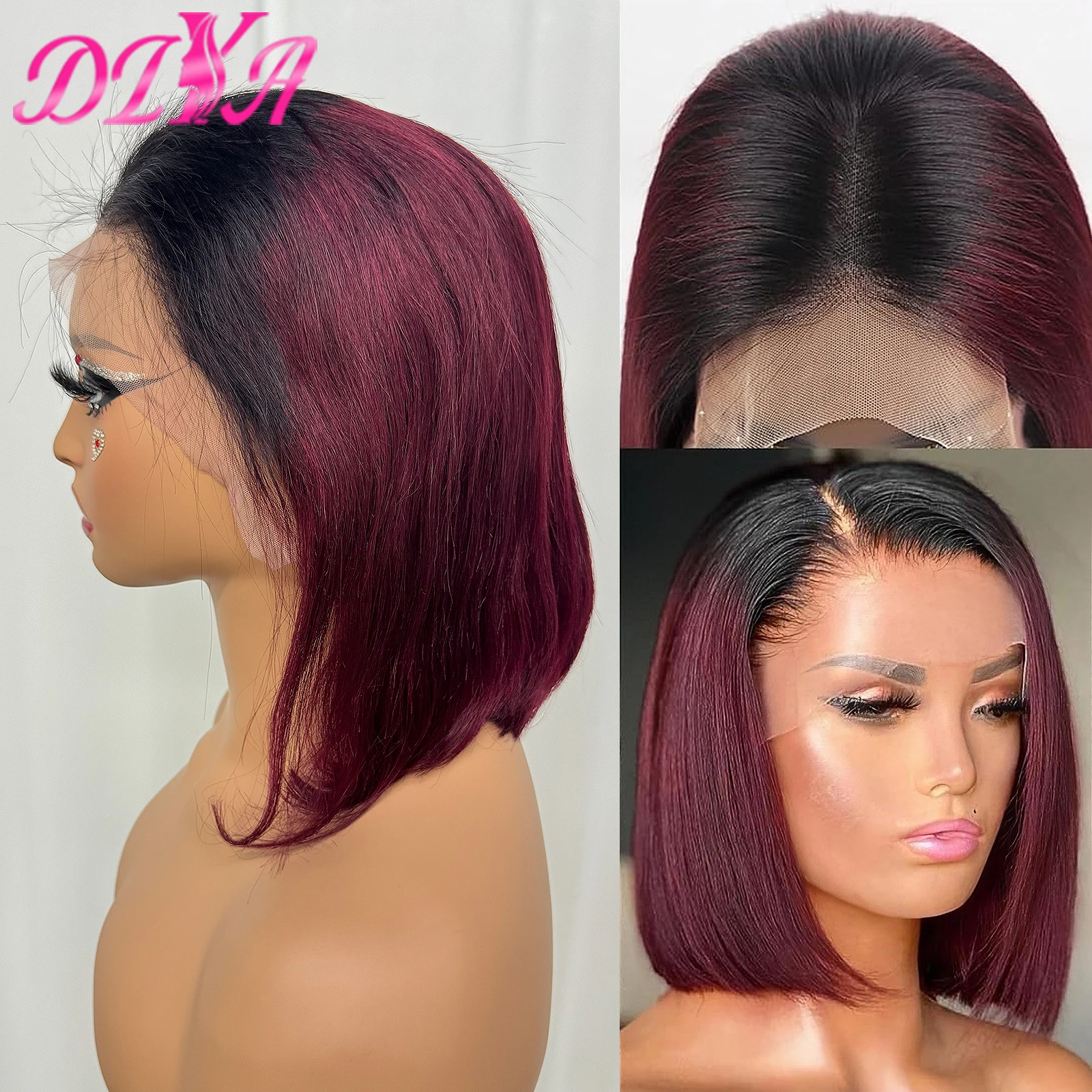 1B/99J Short Bob Wig 13x4 Transparent Lace Front 200% Density Ombre Burgundy Straight Human Hair Wig for Black Women Pre Plucked