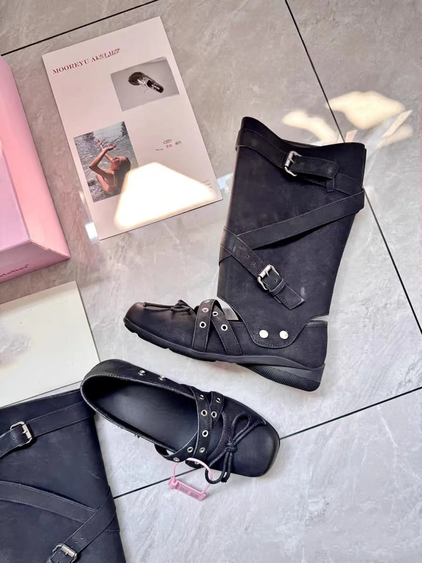 Fashionable Two-Way Wear Leather Boots for Women Detachable Rivet Detail  Knot Thick Heel Ballet Style Summer Shoes