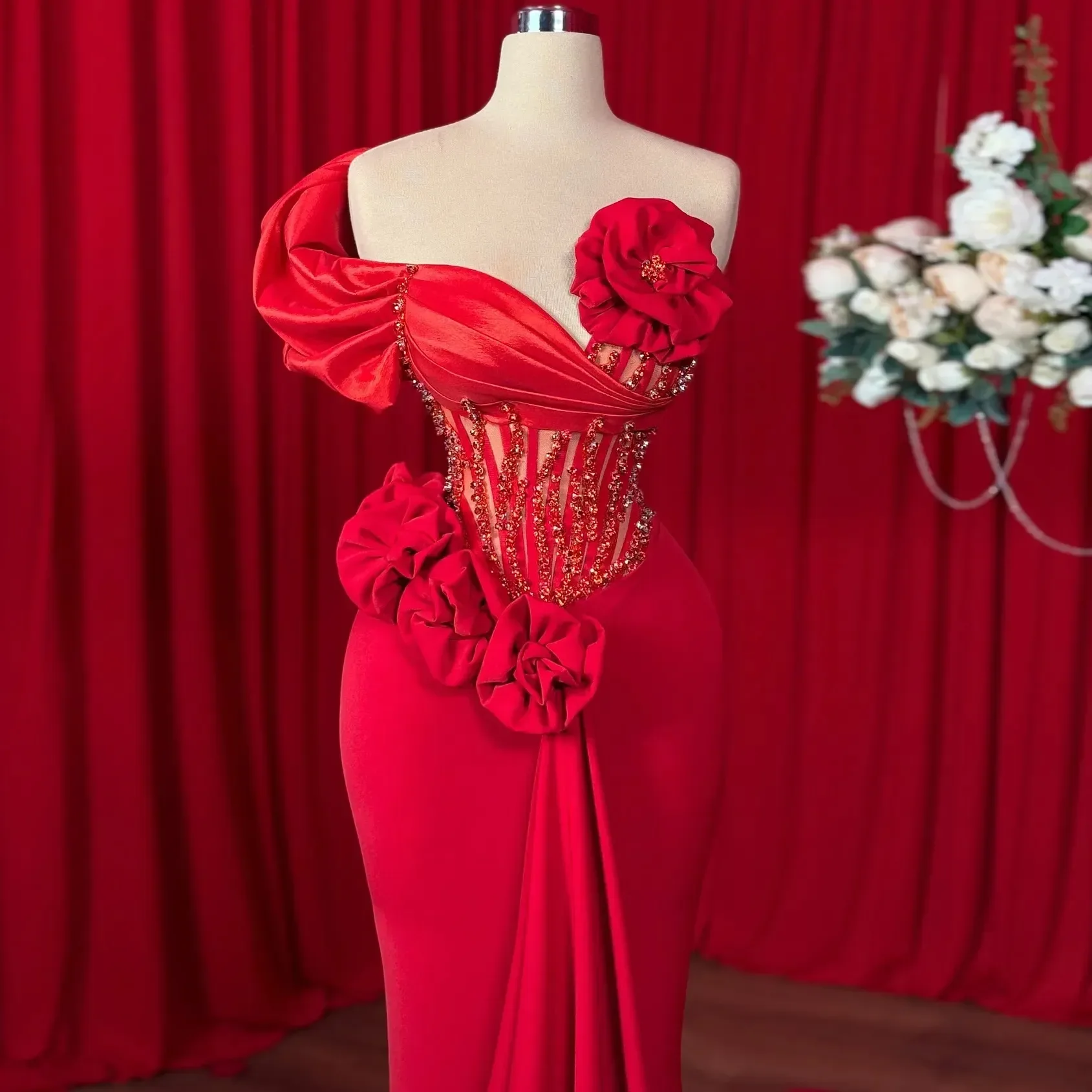 Mermaid Prom Dress Off Shoulder Puff Sleeve 3D Floral Corset Bodice Crystal Beaded Floor Length Formal Evening Dress Customized