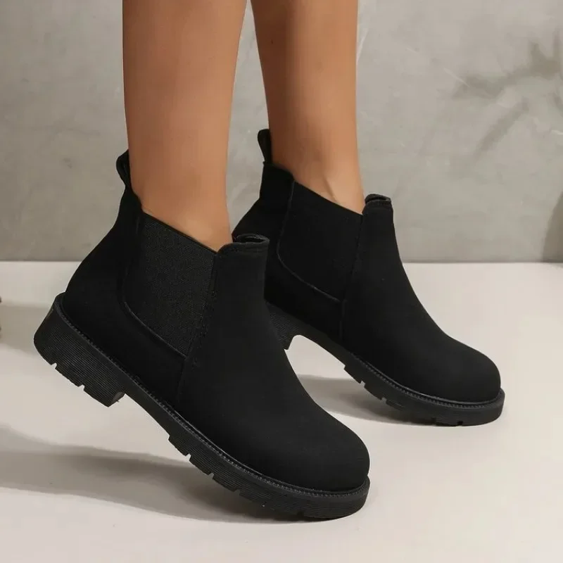 Women Botas Shoes Suede Ankle Boots Chelsea Black Boots Chunky Low Heel Female Autumn Fashion Platform Slip on Booties Mujer