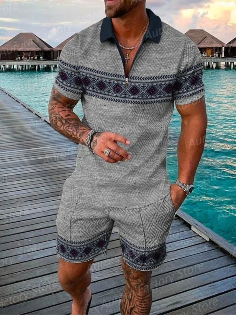 Terno esportivo casual estampado em 3D masculino, estilo retrô simples, polo de manga curta, calção de praia, agasalho, verão, conjuntos de duas