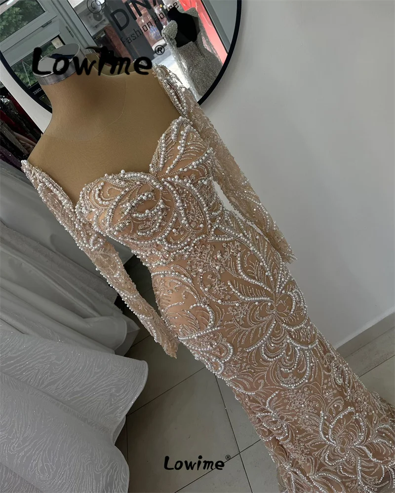 Champagne Arabic Evening Dresses Long Sleeves Pearl Wedding Party Dress Formal Glitter Floral Women Prom Gowns Custom Made Robe