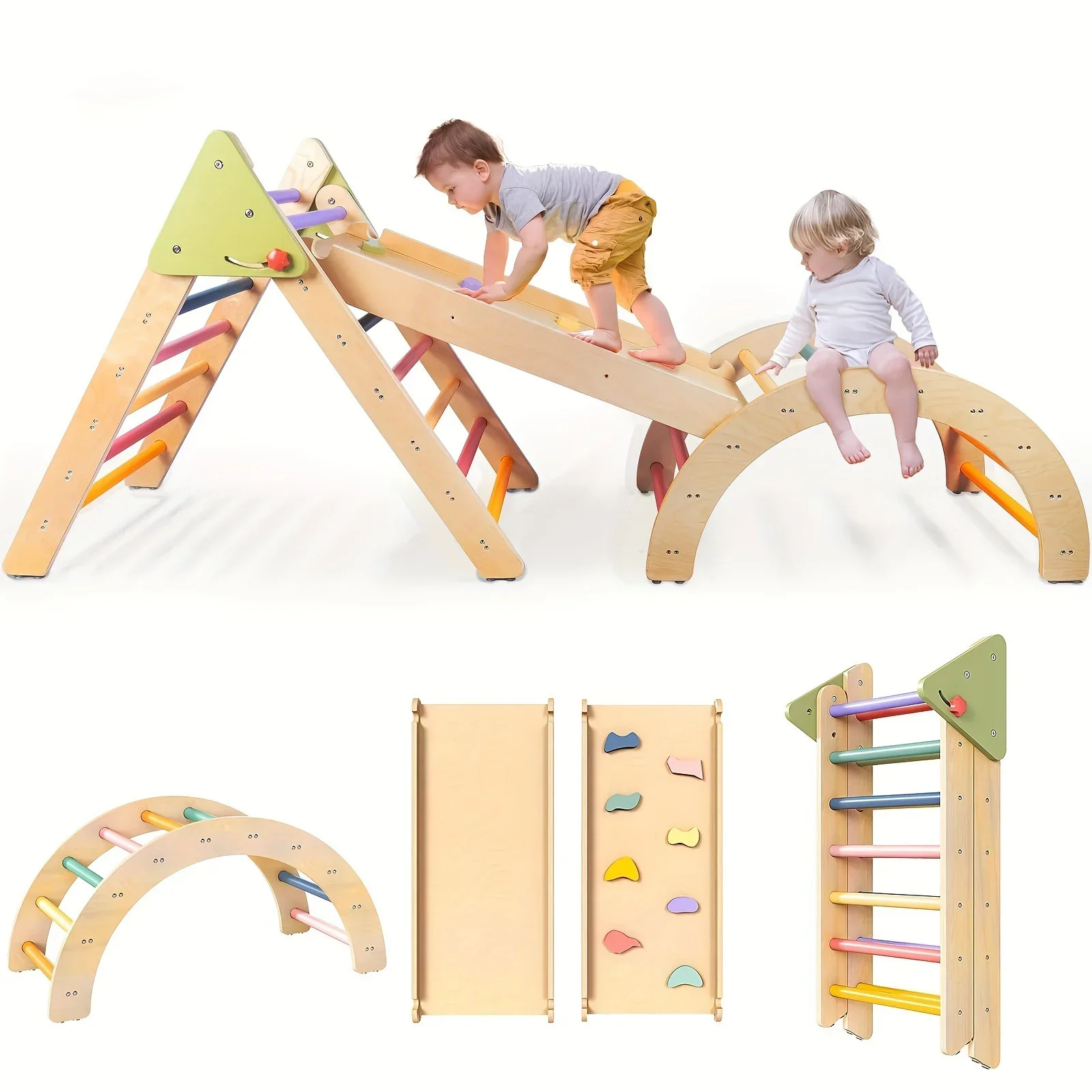 5in1 Toddler Climbing Toys, Wooden Foldable Climbing Toys For Toddlers 1-3 Inside, 3 Piece Baby Climbing Gym Indoor Playground