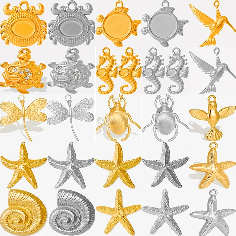 7 unids/lote Acero inoxidable Animal marino estrella de mar Concha pez cangrejo Colgante Dijes Para Bisutería Vintage tortuga escarabajo Pendentif