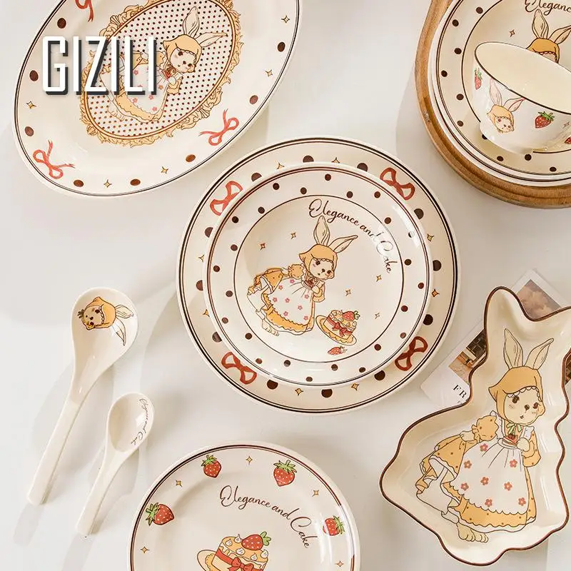 Retro Rabbit Ceramics Plate Kitchen Dishes Dinner Plate Household Combination Dinnerware Bowl Plate Bowl Kitchen Supplies ﻿