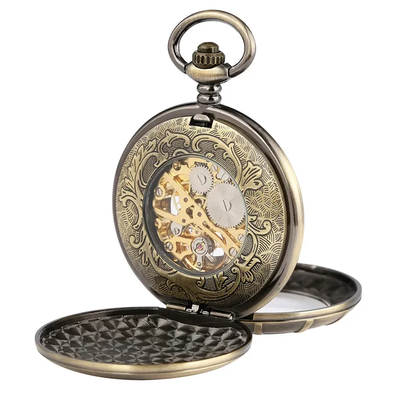 Bronze Men Women Hand Winding Mechanical Pocket Watch Double Hunter Design Vintage Pendant Chain Roman Number Display Clock
