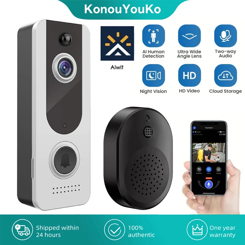 Câmera de campainha de vídeo inteligente wifi com campainha, campainha sem fio, interfone de áudio 2 vias, visão noturna, detecção humana inteligente ai
