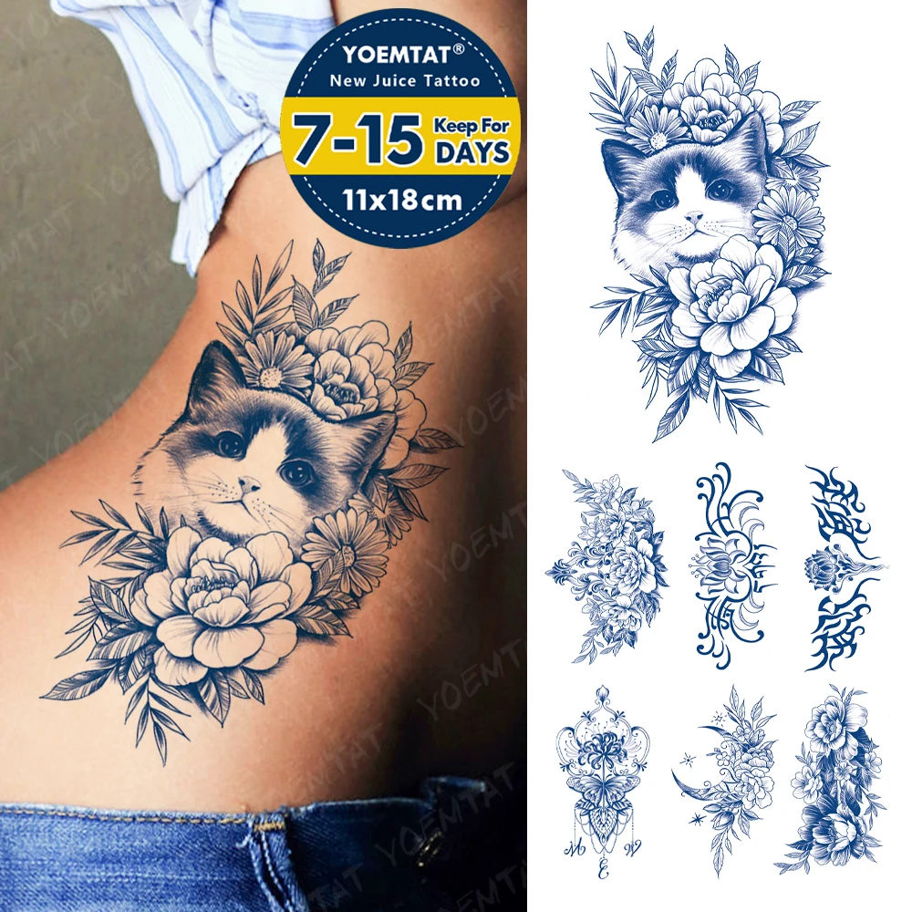 Autocollants de tatouage temporaire à base de plantes pour hommes et femmes, faux tatouage, fleurs de chat, encre de jus, imperméable, durable, art corporel, semi-continu