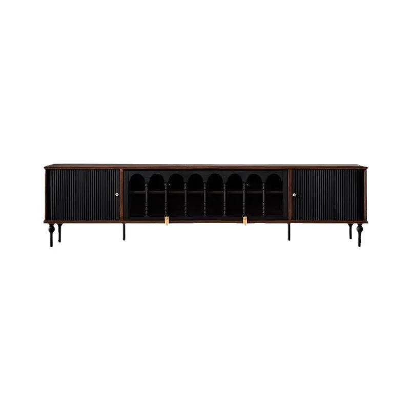 French Retro Solid Wood TV Cabinet Black American Light Luxury Medium Ancient Style Storage Locker for Small Apartment Living