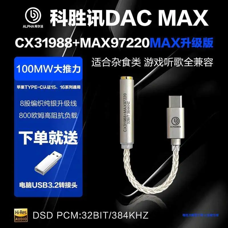 Adapter Cable CX31988 Decoding Chip MAX97220MAX  OP-AMP HiFi Portable Type-C 3.5mm DAC Amplifier
