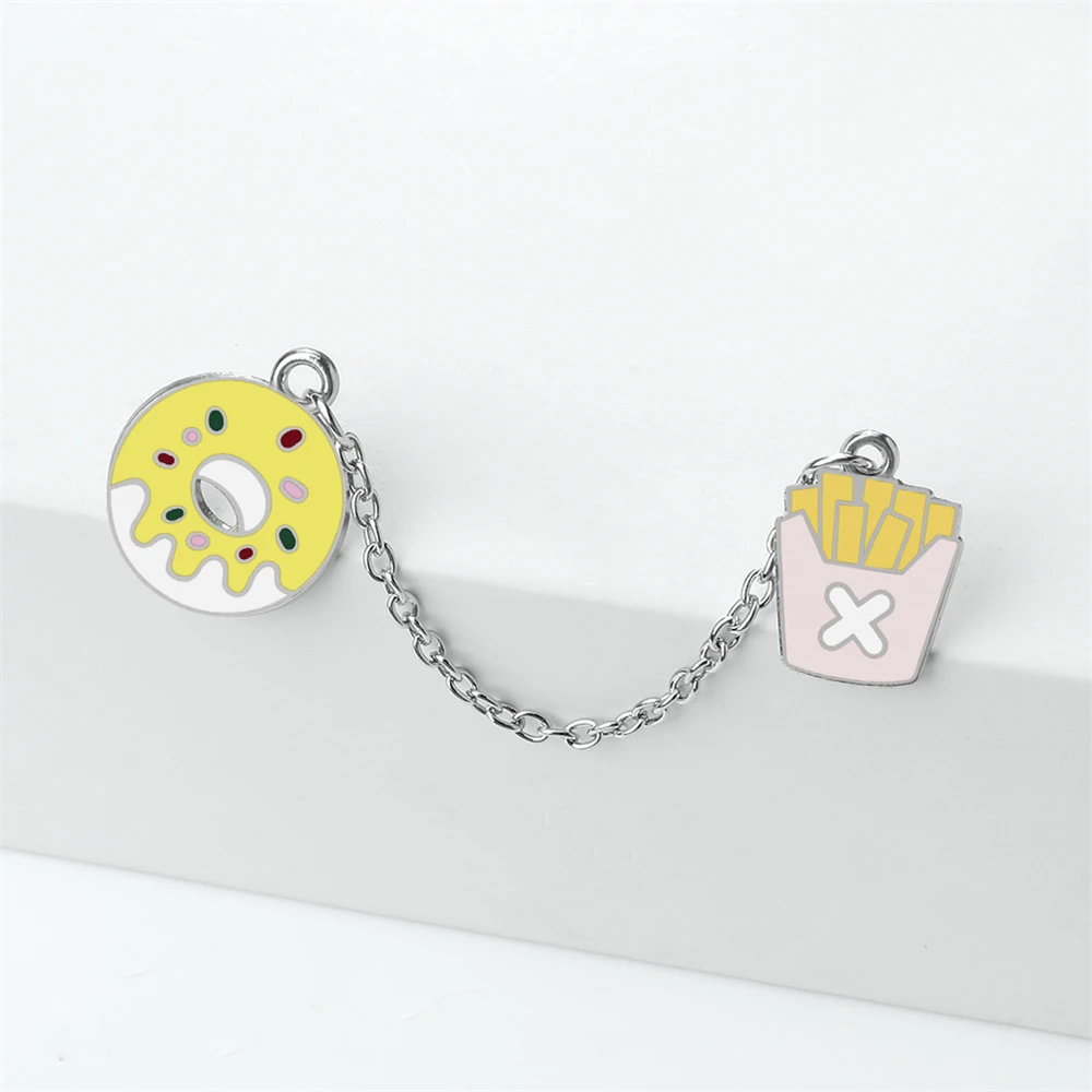 Yellow Donuts French fries Brooch Cartoon Cute Enamel Pins with Chain Custom Backpack Denim Badge Jewelry Gifts for Friends Kids