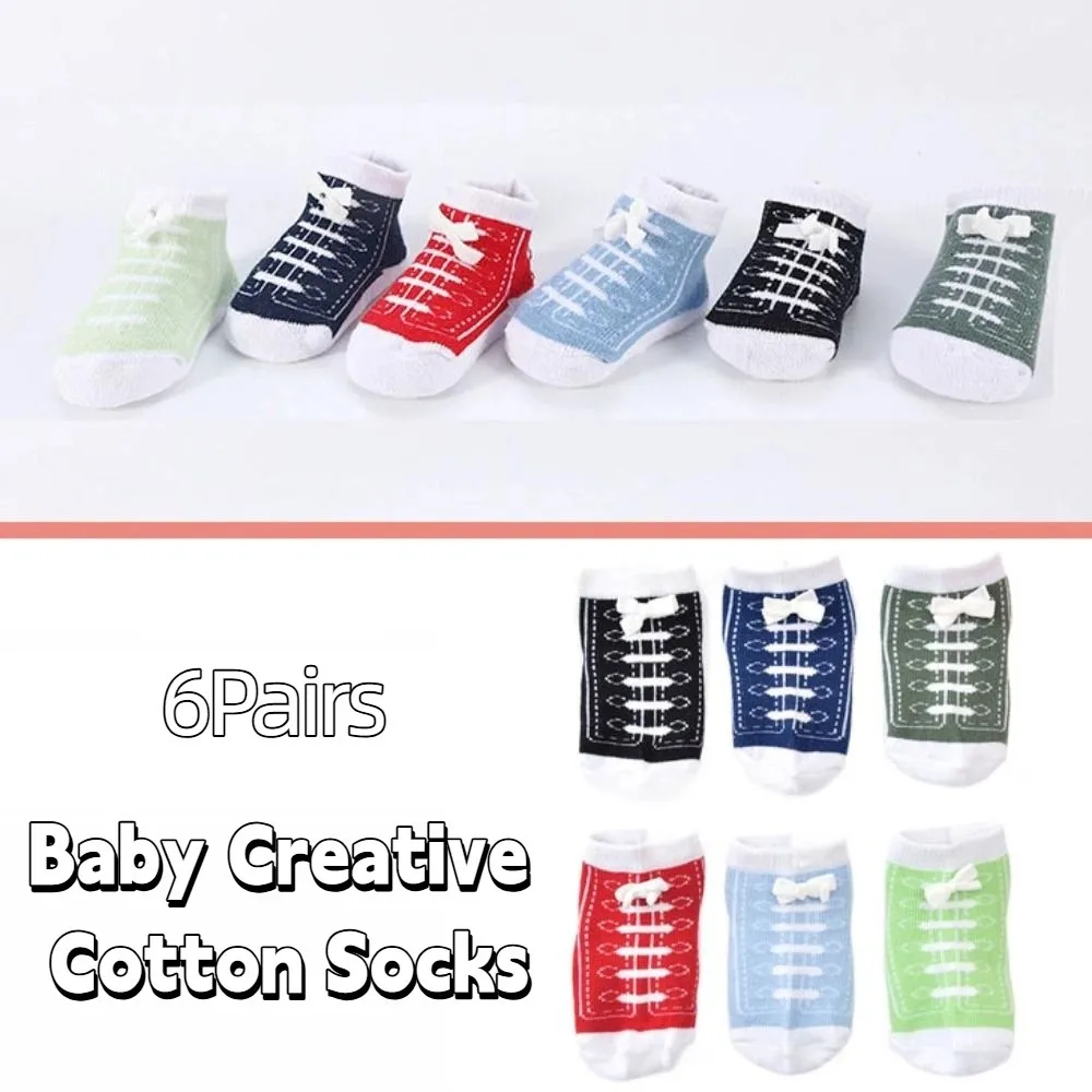 

6Pairs Creative Baby Cotton Socks Bowknot Imitation Shoelaces Toddle Short Tube Socks Breathable Cute Newborn Socks Children