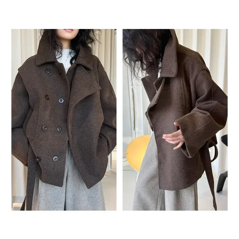 Double-layer Front Opening Warm Jacket. Lapel Single-sided Woolen Coat with Belt, Fashion Women's Wear with Personalized Design