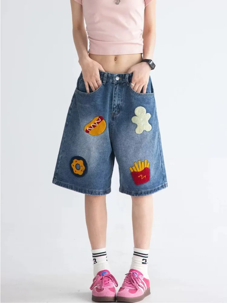 Street Creative Hot Dog Towel Embroidered Summer Denim Shorts Women's Trendy High Street Straight Casual Women's Jeans