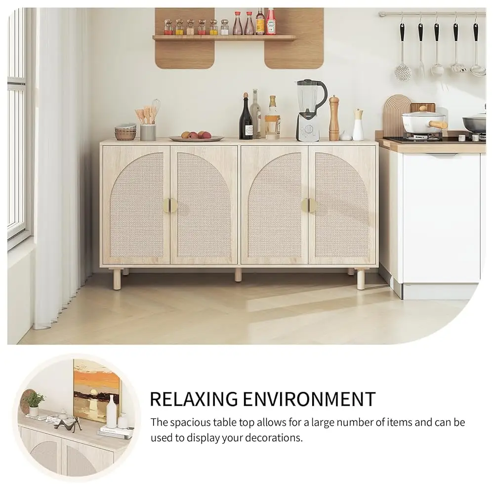 Beige Rattan 4-Door Buffet Cabinet - Boho Style Sideboard With Storage For Dining & Living Room