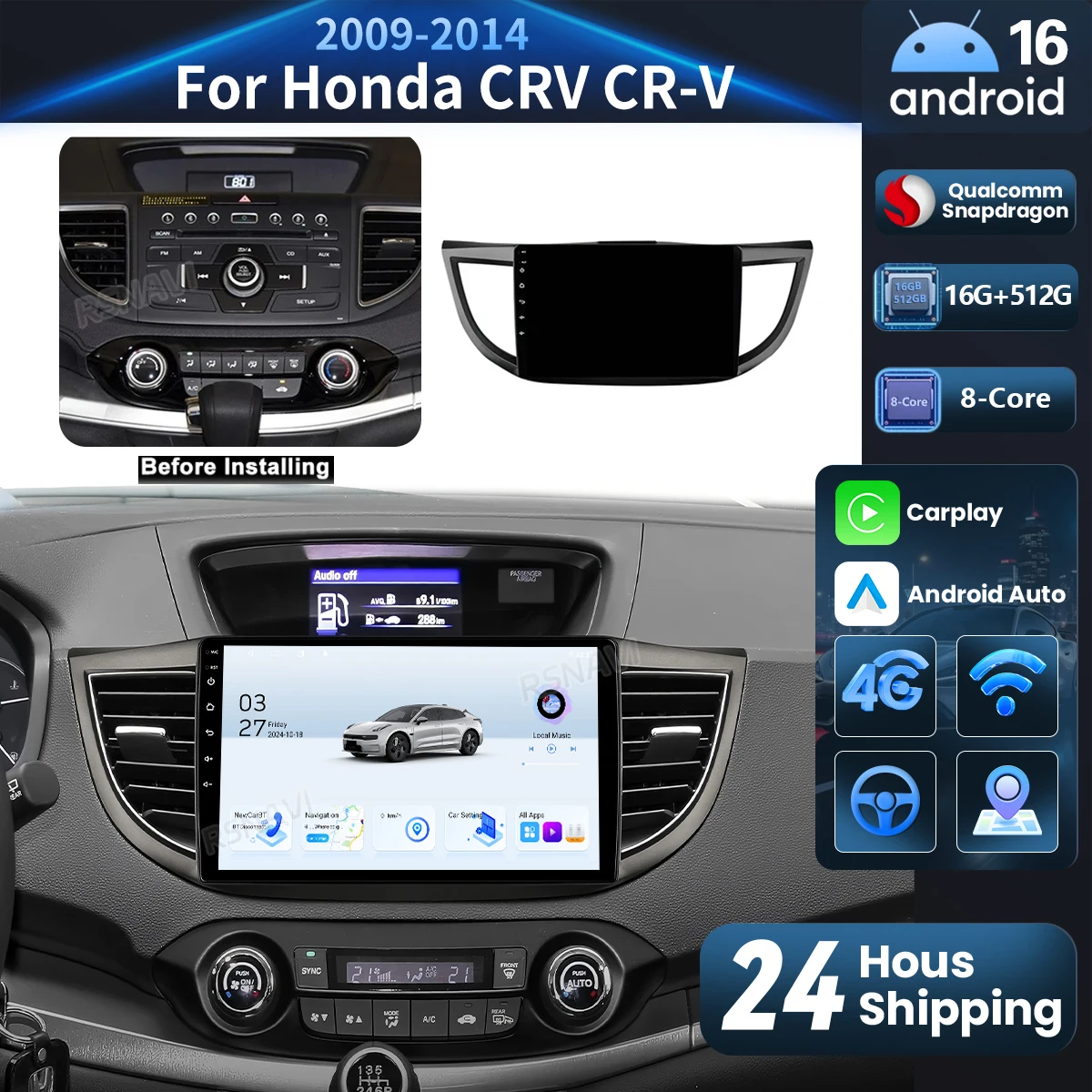 

Android 16 Carplay Auto Car Radio Multimedia Player For Honda CRV CR-V 2012-2016 WIFI+4G DSP Autoradio Stereo 16G-512G BT GPS