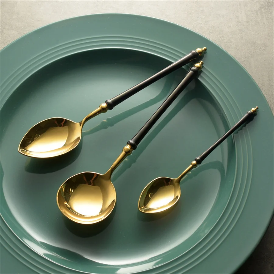 

Light luxury Stainless Steel Spoon Set Tableware Black Gold Color High Quality Matte And Mirror Tea Spoon Soup Spoon