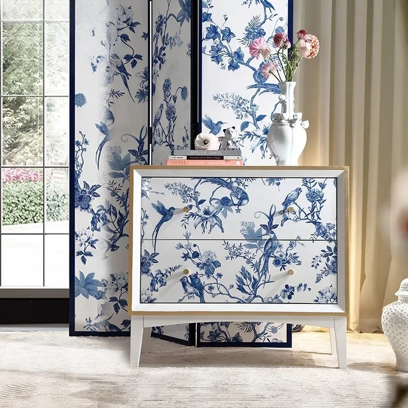 

Blue and white porcelain white solid wood French antique multi-purpose cabinet, entrance cabinet for storage, Chinese style